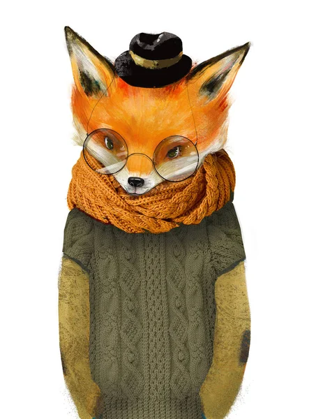 可爱的狐狸男孩，戴着眼镜帽子，穿着绿色毛衣 — 图库照片