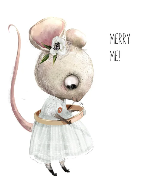 結婚指輪を持つ小さな漫画のマウスの女の子 — ストック写真