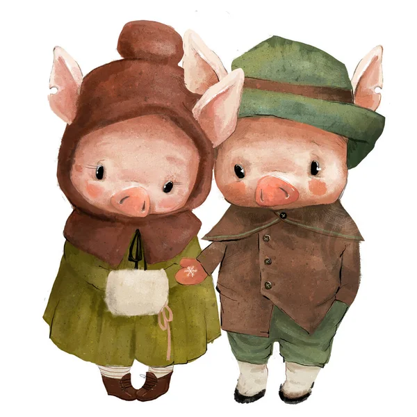 Carino piccolo inverno coppia di maiali dei cartoni animati — Foto Stock