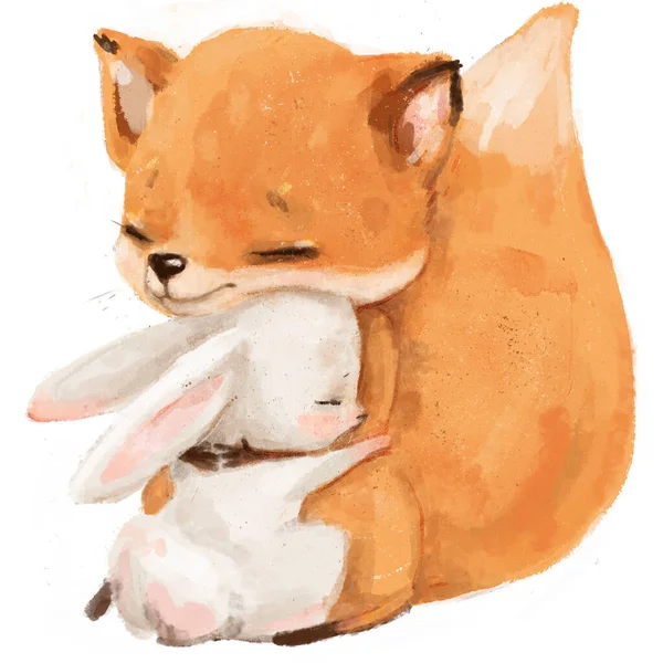 Warm hugs of cartoon fox and little white hare — Stok fotoğraf