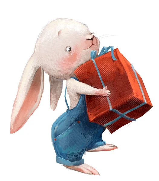 Cute little white cartoon hare with pants — Stock Photo, Image