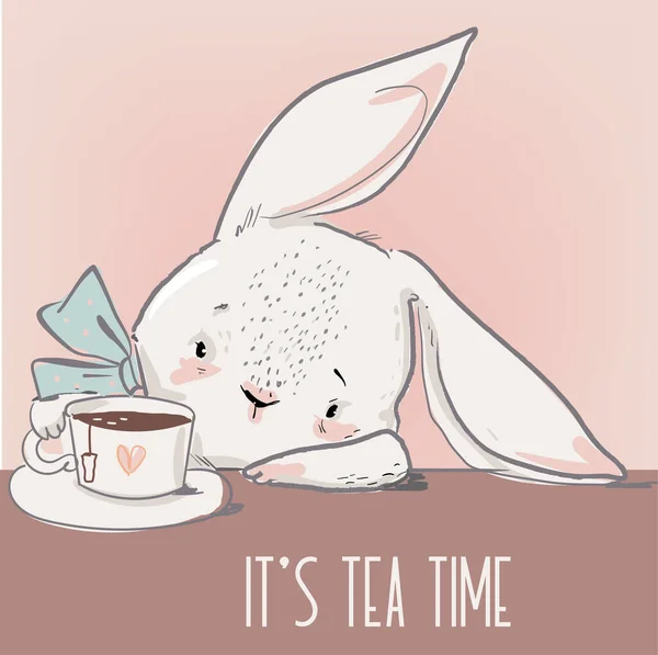 Söt liten vit tecknad hare med te — Stock vektor