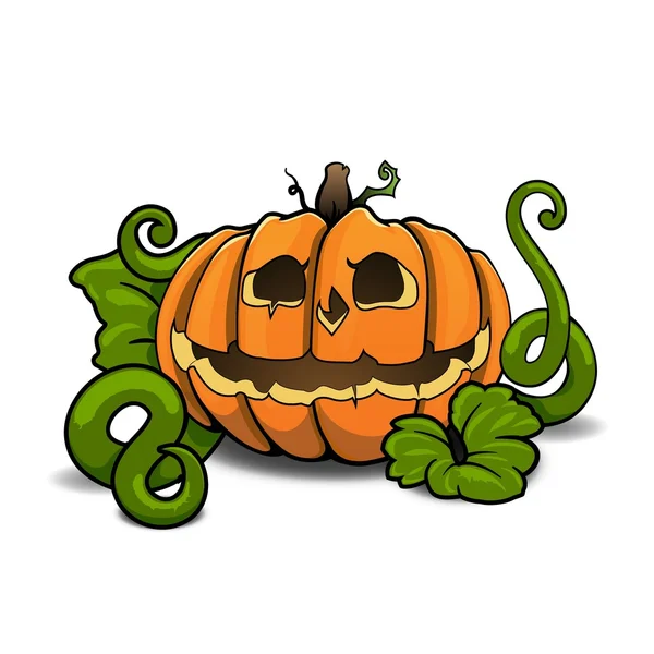 Cartoon vector halloween pompoen met groene leaf op witte achtergrond. — Stockvector