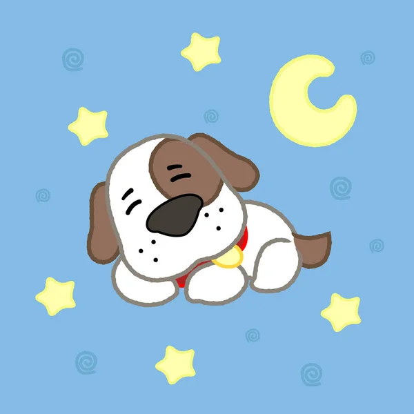 Cachorro lindo de dibujos animados con estrellas dormir. Dibujo para niños.Ilustración vectorial . — Vector de stock
