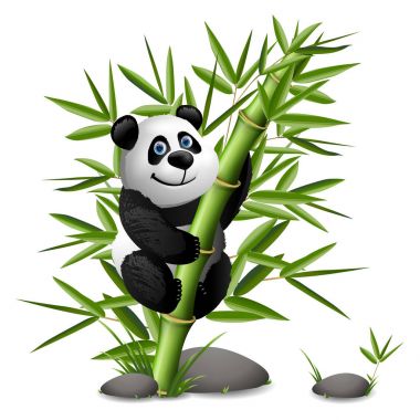 Gülümseyen çizgi film panda bambu üzerinde asılı. Vektör klip sanat çizim.