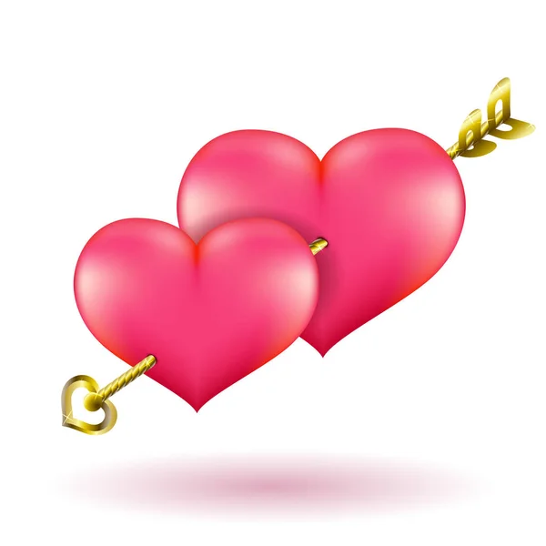 Valentine's day gold arrow and hearts. Vector clip art illustration. — Stock Vector