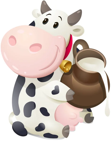 Cartone animato paffuto mucca con brocca di latte. Illustrazione di clip art vettoriale con semplici gradienti . — Vettoriale Stock