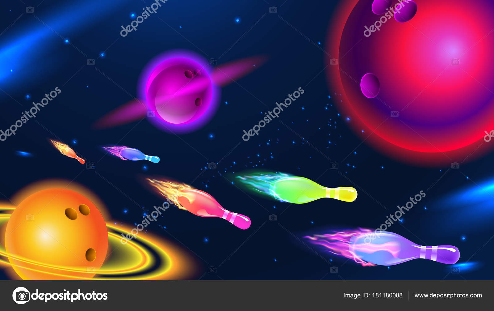 Vector Illustration Cosmic Bowling Planet Space Bowling Pins Ball Blue