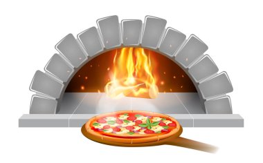 Beyaz arka planda izole edilmiş pizzacı menüsü için tuğla taş fırını pizza illüstrasyonu ya da etiket