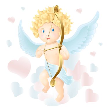 Sevimli Cupid Vektör Sevgililer Günü kartı. Fiyonk atıyor. Yumuşak Çizgi Film Çizimi