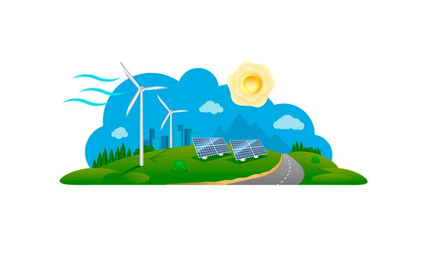 Solar Panels Wind Turbines Front Town Background Sky Eco Clear — Stock Vector