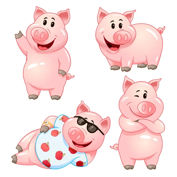 Cute Cartoon Pig Characters Various Poses Vector Illustration Set — Stock Vector