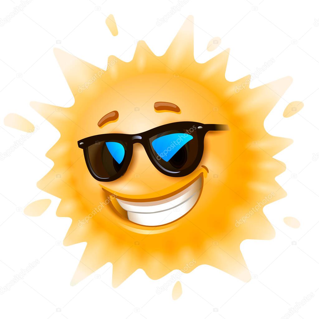 Cartoon sun in sunglasses, isolated on white background.