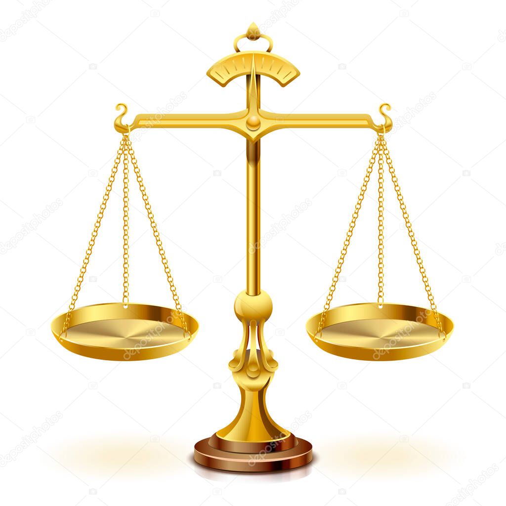 Gold scale of justice on white background.