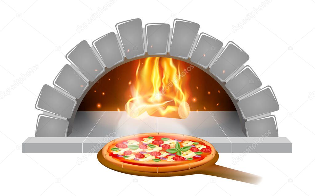 Brick stone oven pizza illustration emblem or label for pizzeria menu, isolated on white background