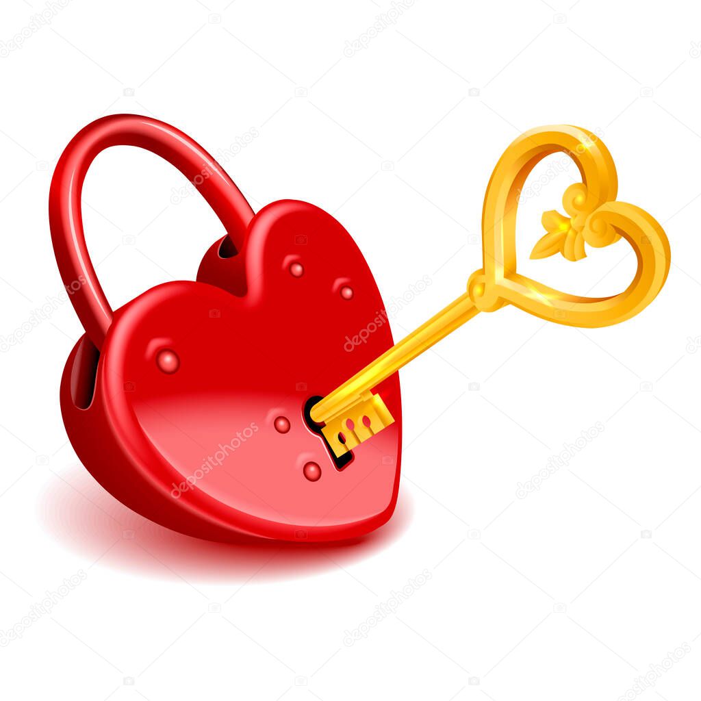 Red heart padlock with gold key isolated on white background, vector high detail illustartion.