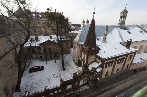 Unusual view of Lviv from top floor window — Stock Photo, Image