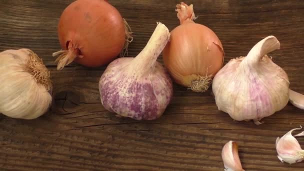 Garlic and onion on cutting board — Stock Video