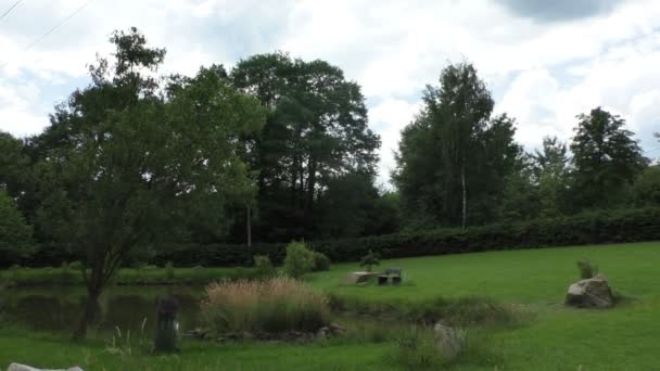 Bankje in de buurt van de vijver in een op zonnige dag op achtergrond van bomen — Stockvideo