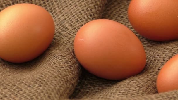 Huevos de pollo en arpillera marrón — Vídeos de Stock