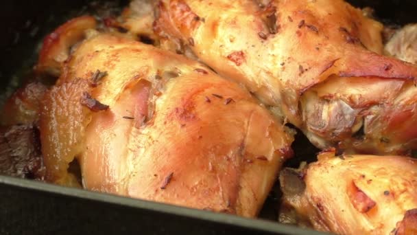 Carne de coelho assada suculenta em uma panela de ato de fritar — Vídeo de Stock