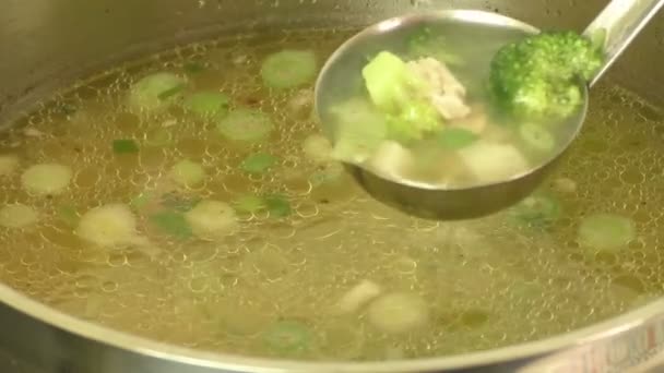 Serving a ladle of vegetable meat soup — Stock Video