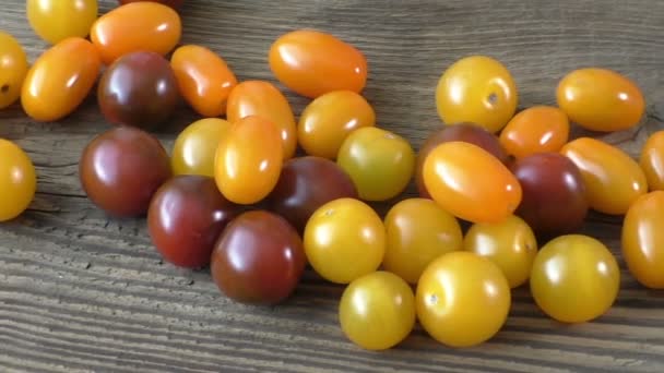 Cherry tomatoes on rustic wooden background — Stock Video