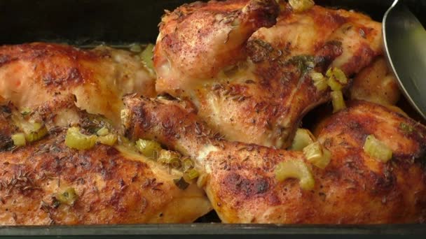 Pollo cocido en el horno y apio — Vídeos de Stock