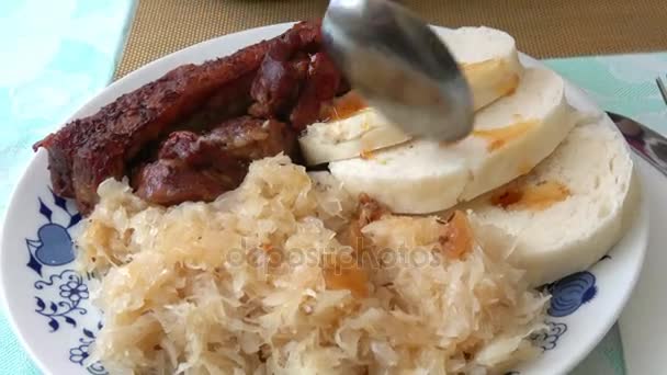 Schweinefleisch mit Kraut und Knödel auf einem Teller — Stockvideo