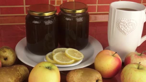 Healthy breakfast. Honey and fruit. Healthy food, diet, detox, clean eating. — Stock Video