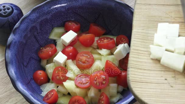 Salada com tomate cereja e queijo de cabra com cubos — Vídeo de Stock