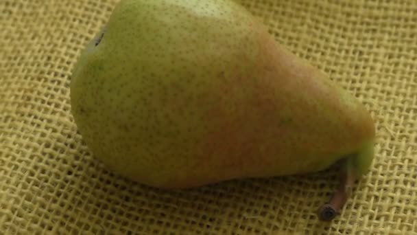 Mogna päron på gul bakgrund. Europeiska päron med säckväv. — Stockvideo