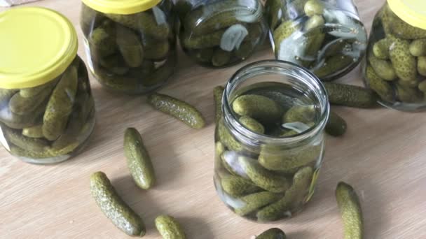 Glass Jars Pickled Cucumbers Marinated Pickled Cucumbers — Stock Video