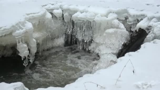 Biraz Buz Buz Sarkıtları Ile Çağlayan Soğuk Karlı Kış Nehir — Stok video