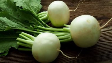 Daikon turp. Lezzetli taze ham beyaz yuvarlak Japonca turp yeşil kaynaklanıyor ve yaprak 