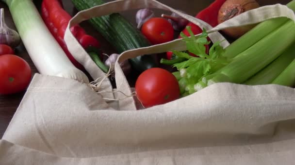 带蔬菜的环保袋 零废物使用较少的塑料概念 木制桌子上的生态棉织物袋中有机新鲜蔬菜 — 图库视频影像