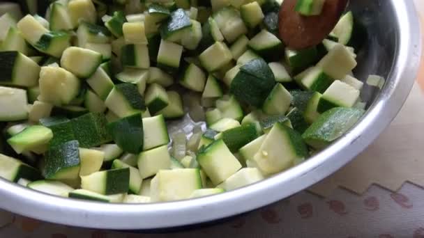 Vegetables Cut Cubes Fried Frying Pan Kitchen Zucchini Fried Cubes — Stock Video