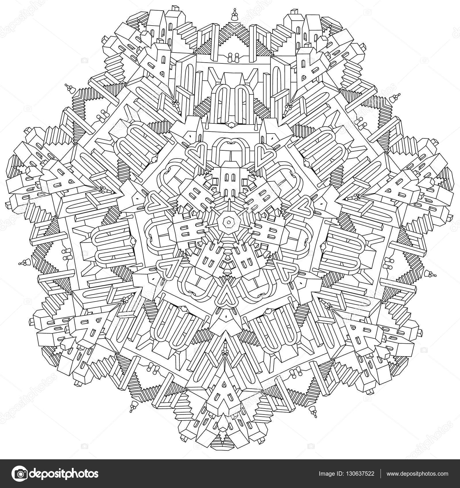Castello di ornamentale da una fiaba — Vettoriali Stock © mashabr forma di mandala con case pareti e scale Disegnati a mano doodle vettore stile mandala dettagliate simmetria cerchio per libro da colorare adulto