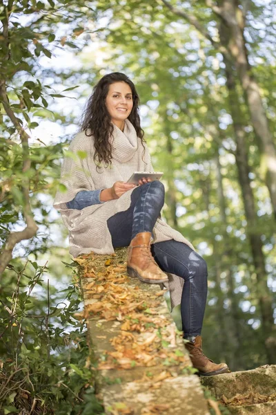 Mujer usando tableta en temporada de otoño Imagen de stock