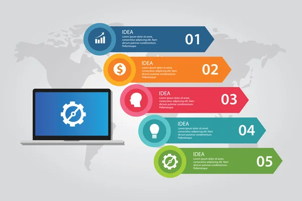 Tecnologia da informação computador laptop infográfico mapa mundo 5 passos elementos componentes — Vetor de Stock