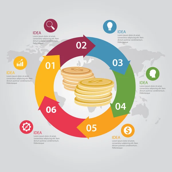 Investissement argent pièce dollar gestion cercle étape info graphique — Image vectorielle