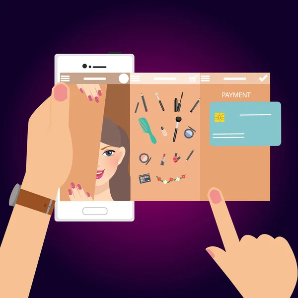 Maquillage beauté femme mobile shopping e-commerce smart phone transaction technologie de paiement — Image vectorielle