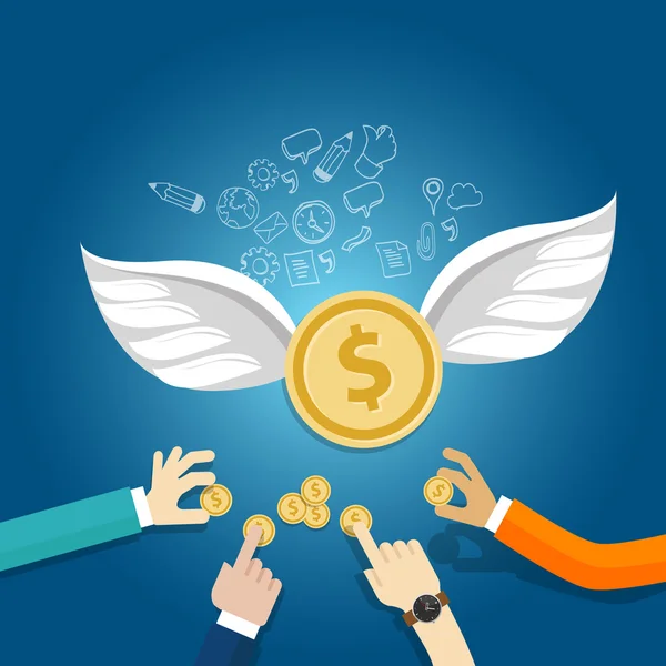 エンジェル投資家のお金基金管理スタートアップ コイン翼を飛ぶ — ストックベクタ