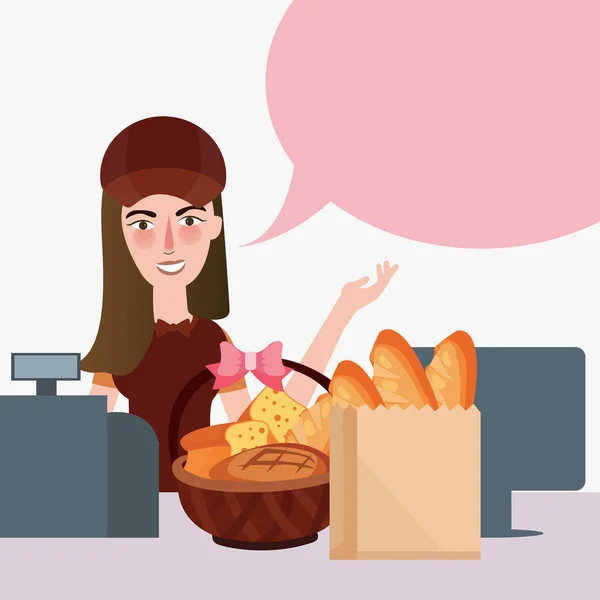 Дівчина касир магазин їжі хліб супермаркет лічильник продуктовий роздріб — стоковий вектор
