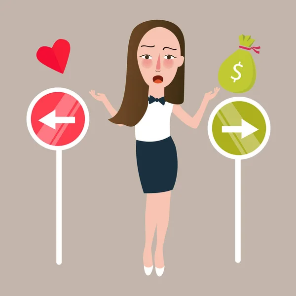 Meisje kiezen tussen liefde of geld richting verschillende keuzes — Stockvector