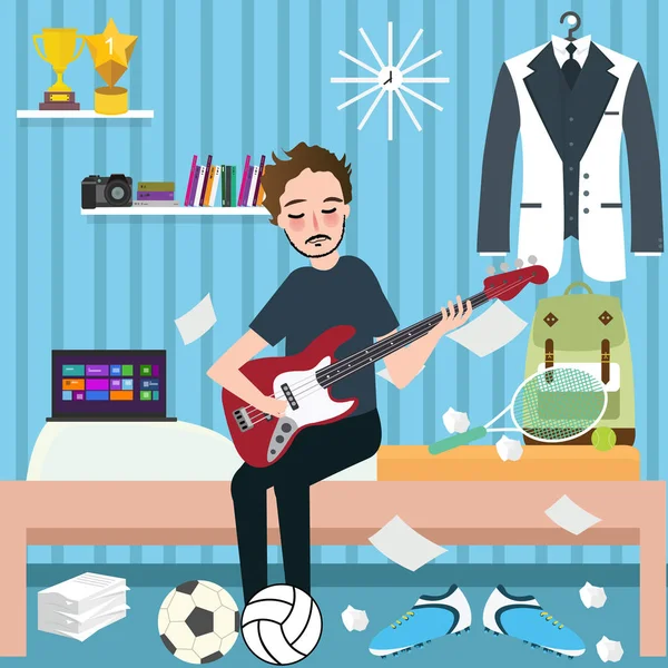 Meninos homem quarto segurando guitarra no dormitório tocar música —  Vetores de Stock