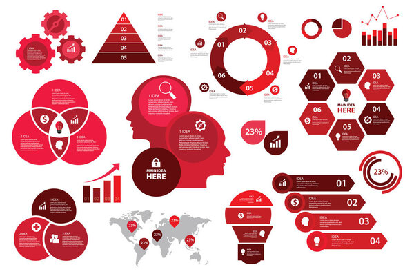 infographic set red color scheme business graph arrow elements chart visualization