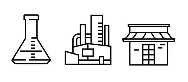 Simge satır laboratuvar fabrika ve ye üretim temsil eden mağaza ürün satmak — Stok Vektör