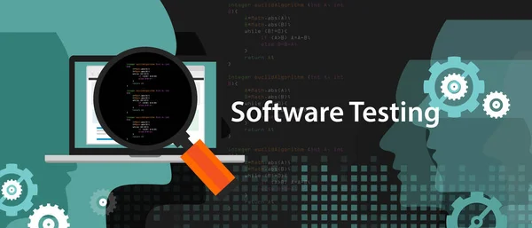 Teste de software olhando de perto para o script de código fonte para encontrar bug — Vetor de Stock
