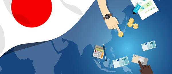 Japan steuerliche Geld Handel Konzept Darstellung der finanziellen Banken Budget mit Flagge Karte und Währung — Stockvektor
